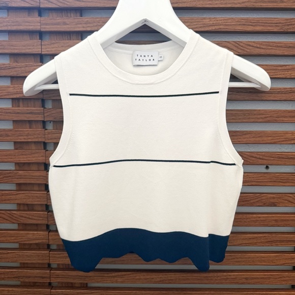 Tanya Taylor Tops - TANYA TAYLOR White navy blue stripe XAVIER KNIT crop TOP